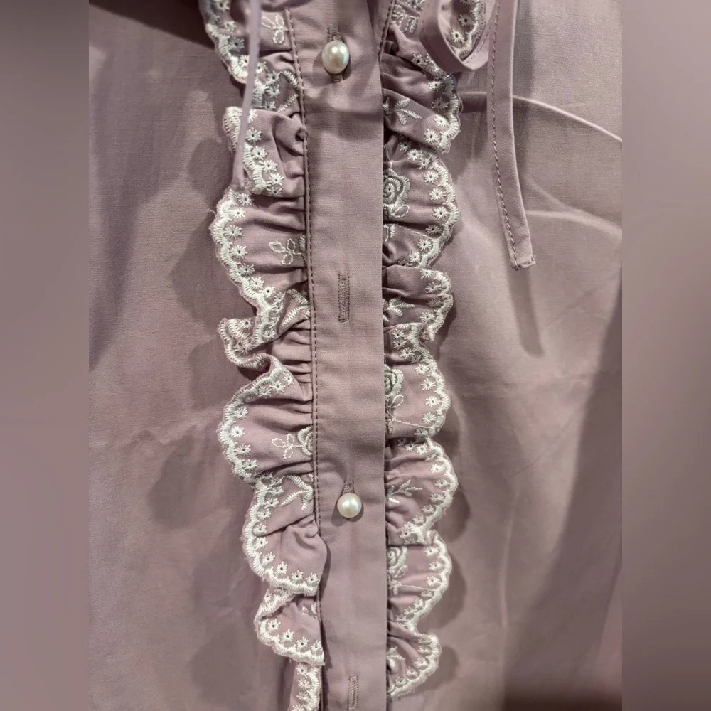 Pink Ruffled Long Sleeve Blouse with Bib Collar - Picture 4 of 10